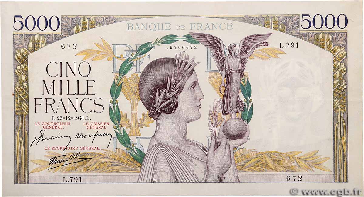 5000 Francs VICTOIRE Impression à plat FRANCE 1941 F.46.31 VF+