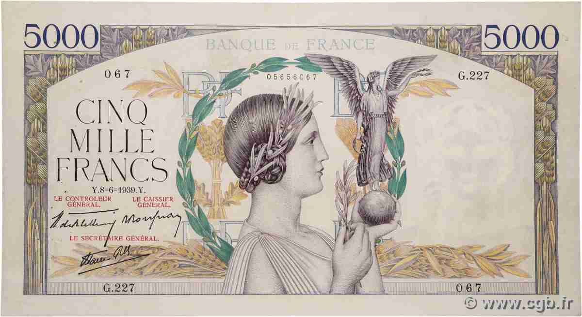 5000 Francs VICTOIRE Impression à plat FRANCE 1939 F.46.07 TB