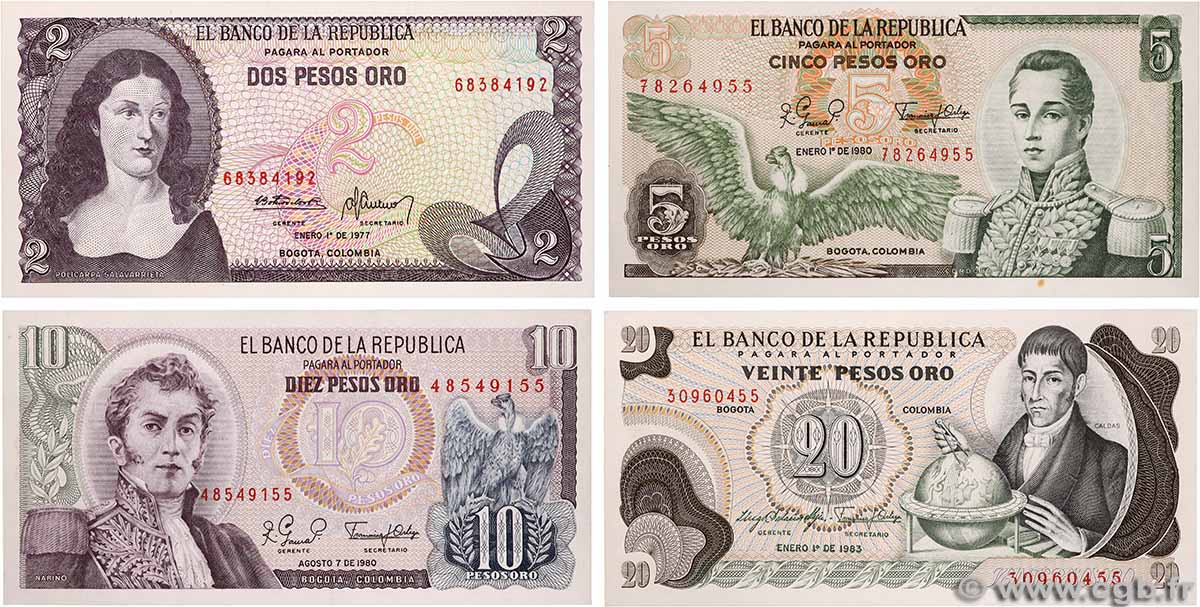 2 à 20 Pesos oro Lot COLOMBIE 1987 P.406f, P.407g, P.409d et P.413b pr.NEUF