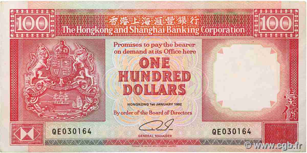 100 Dollars HONG KONG 1992 P.198d F+