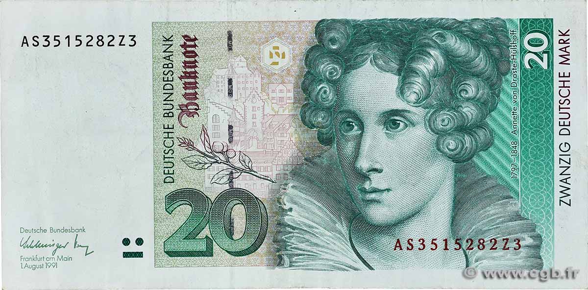 20 Deutsche Mark GERMAN FEDERAL REPUBLIC 1991 P.39a fVZ