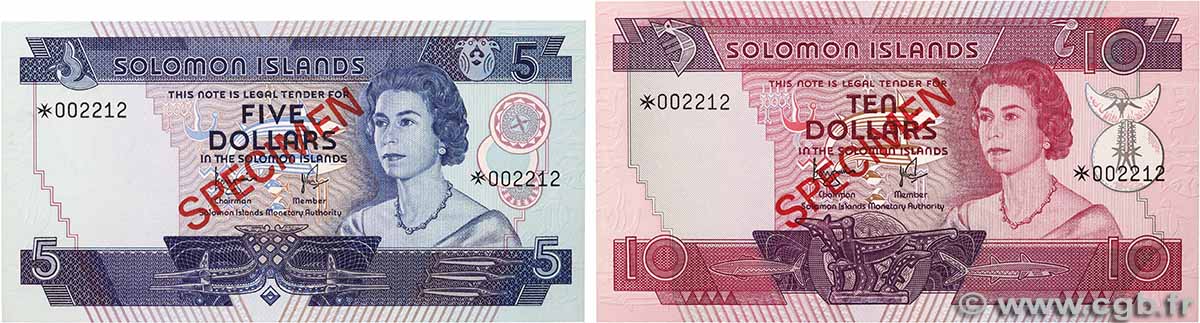 5 et 10 Dollars Spécimen SOLOMON ISLANDS 1979 P.06s et P.07s-Cs1 UNC