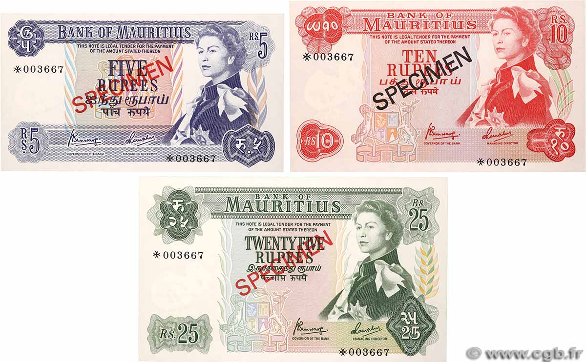 5, 10 et 25 Rupees Spécimen ÎLE MAURICE 1967 P.30c , P.31c et P.32b-Cs1 pr.NEUF