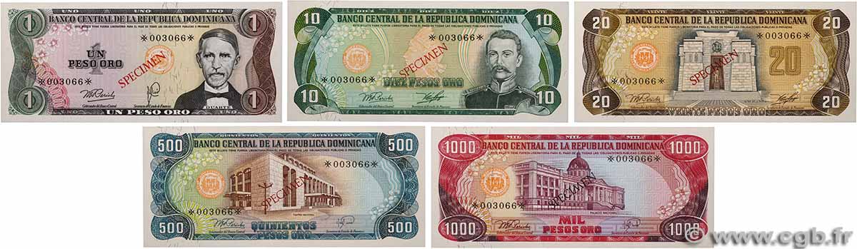 1, 10, 20, 500 et 1000 Pesos Oro Spécimen RÉPUBLIQUE DOMINICAINE 1978 P.117s, P.119s, P.120s, P.123s et P.124s -Cs1 FDC