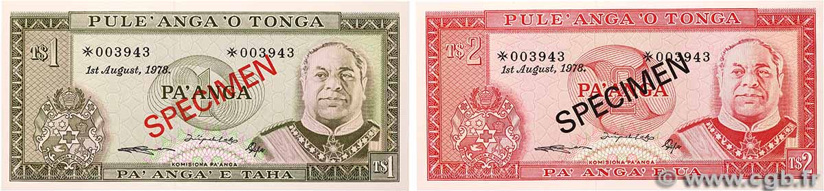 1 et 2 Pa anga Spécimen TONGA 1978 P.19s et P.20s UNC