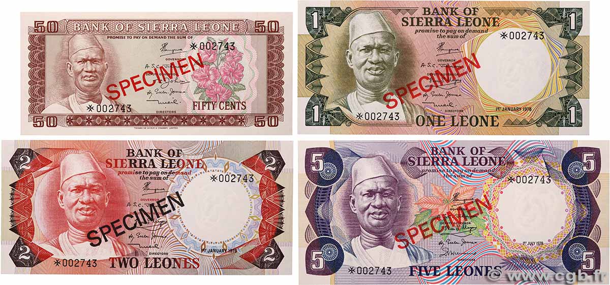 50 Cents à 5 Leones Spécimen SIERRA LEONE 1979 P.CS2 UNC