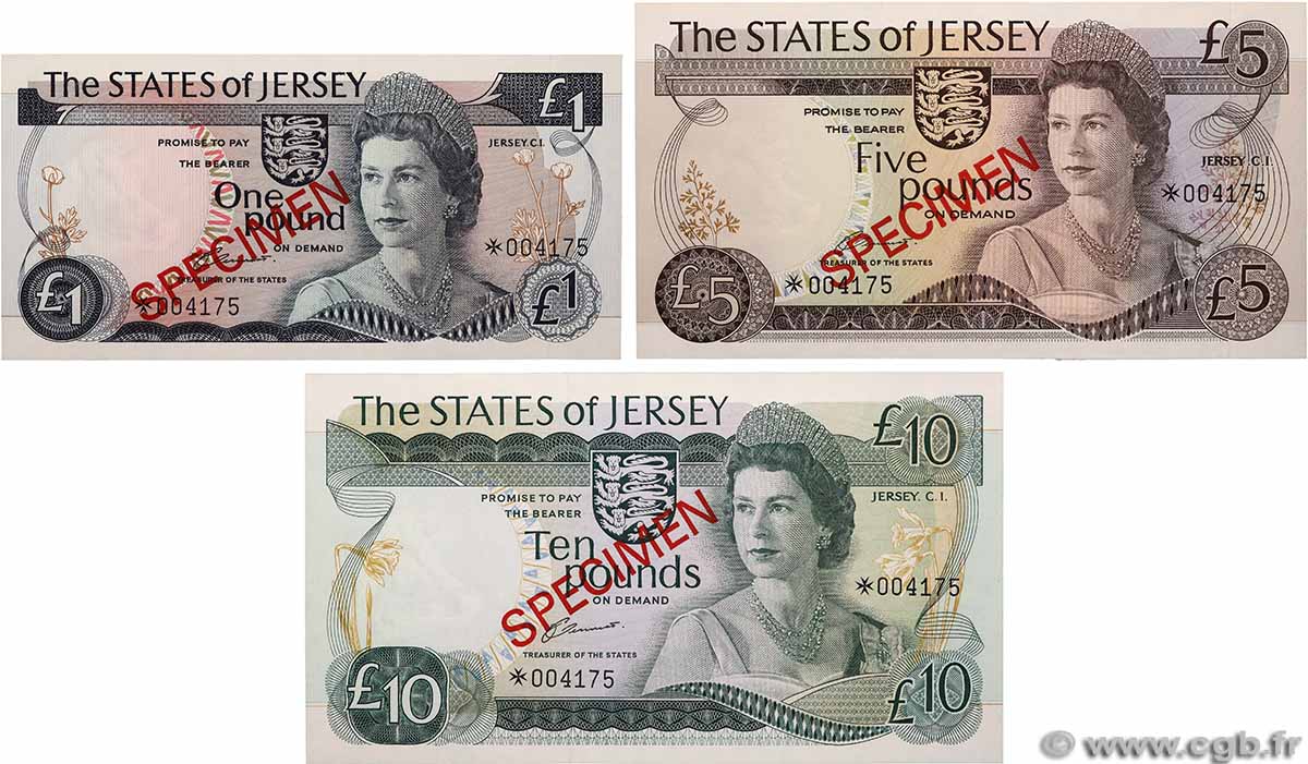 1 à 10 Pounds Spécimen JERSEY 1976 P.11as, P.12as et P.13as-Cs1 ST