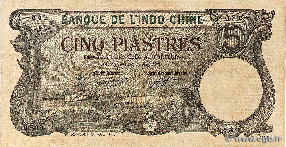 5 Piastres FRENCH INDOCHINA Haïphong 1920 P.019 VF