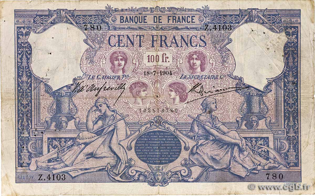 100 Francs BLEU ET ROSE FRANKREICH 1904 F.21.18 fS