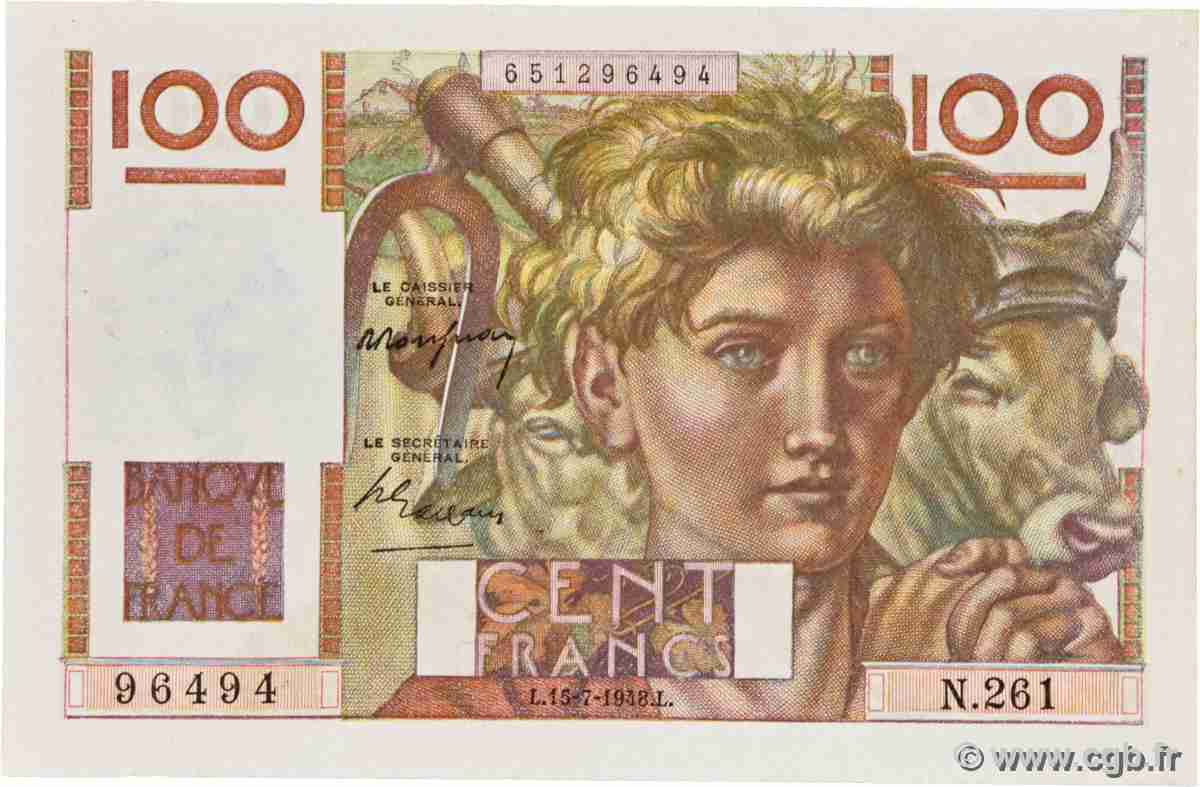 100 Francs JEUNE PAYSAN FRANKREICH 1948 F.28.19 fST