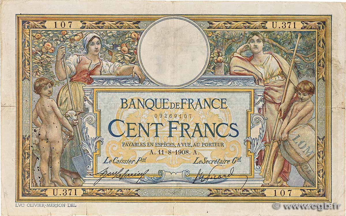 100 Francs LUC OLIVIER MERSON avec LOM FRANCIA 1908 F.22.01 RC+
