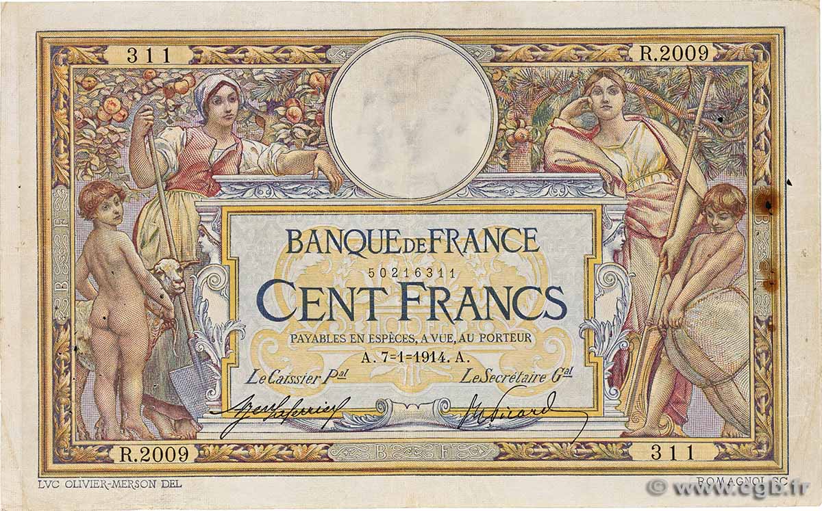 100 Francs LUC OLIVIER MERSON sans LOM FRANCIA 1914 F.23.06 BC
