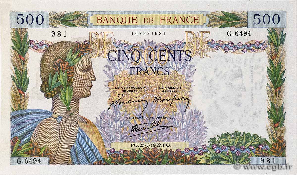 500 Francs LA PAIX FRANKREICH 1942 F.32.38 fVZ