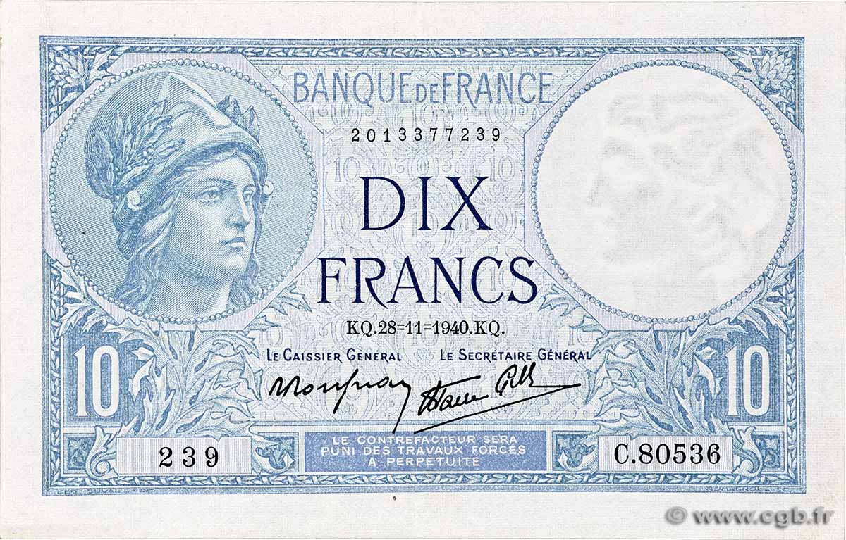 10 Francs MINERVE modifié FRANKREICH 1940 F.07.22 VZ