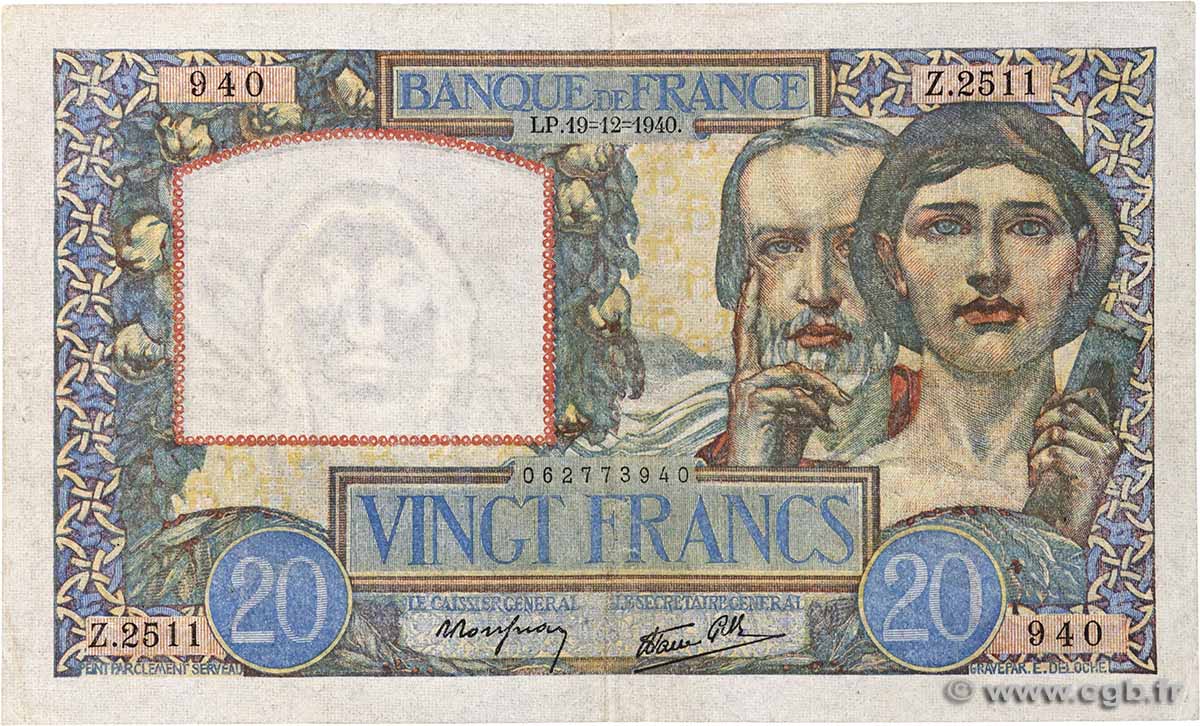 20 Francs TRAVAIL ET SCIENCE FRANKREICH 1940 F.12.11 SS