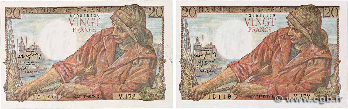 20 Francs PÊCHEUR Consécutifs FRANCIA 1948 F.13.12 SC+
