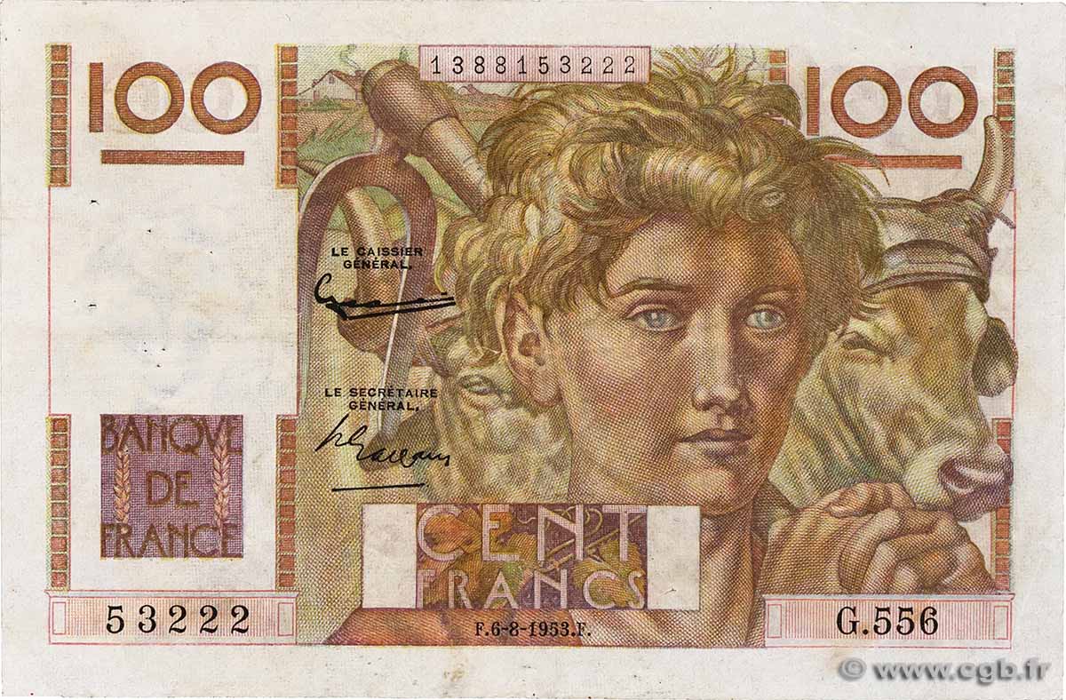 100 Francs JEUNE PAYSAN filigrane inversé FRANKREICH 1952 F.28bis.02 fS