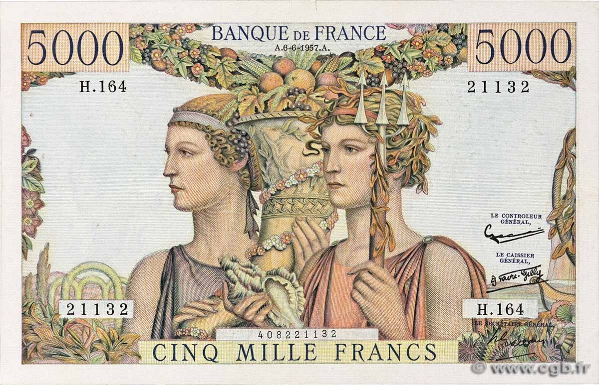 5000 Francs TERRE ET MER FRANKREICH 1957 F.48.15 fVZ