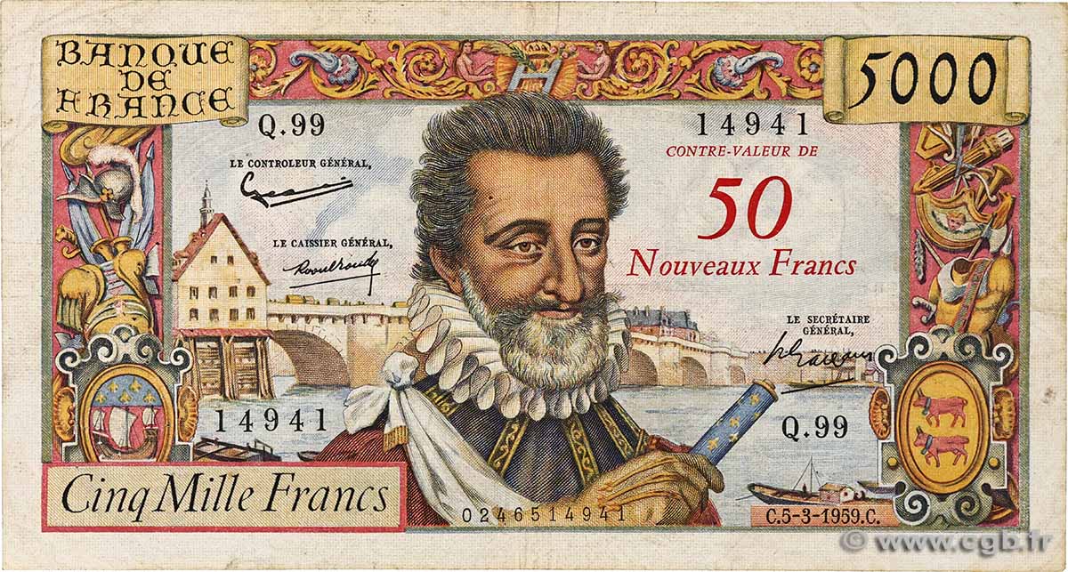 50 NF sur 5000 Francs HENRI IV FRANKREICH 1959 F.54.02 fS