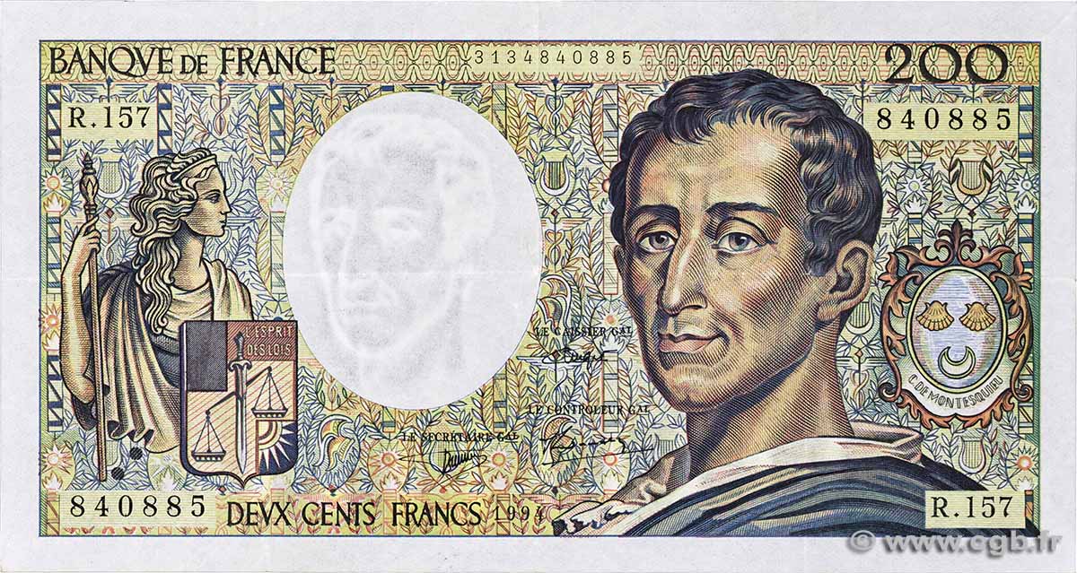200 Francs MONTESQUIEU Modifié FRANKREICH 1994 F.70/2.01 fVZ