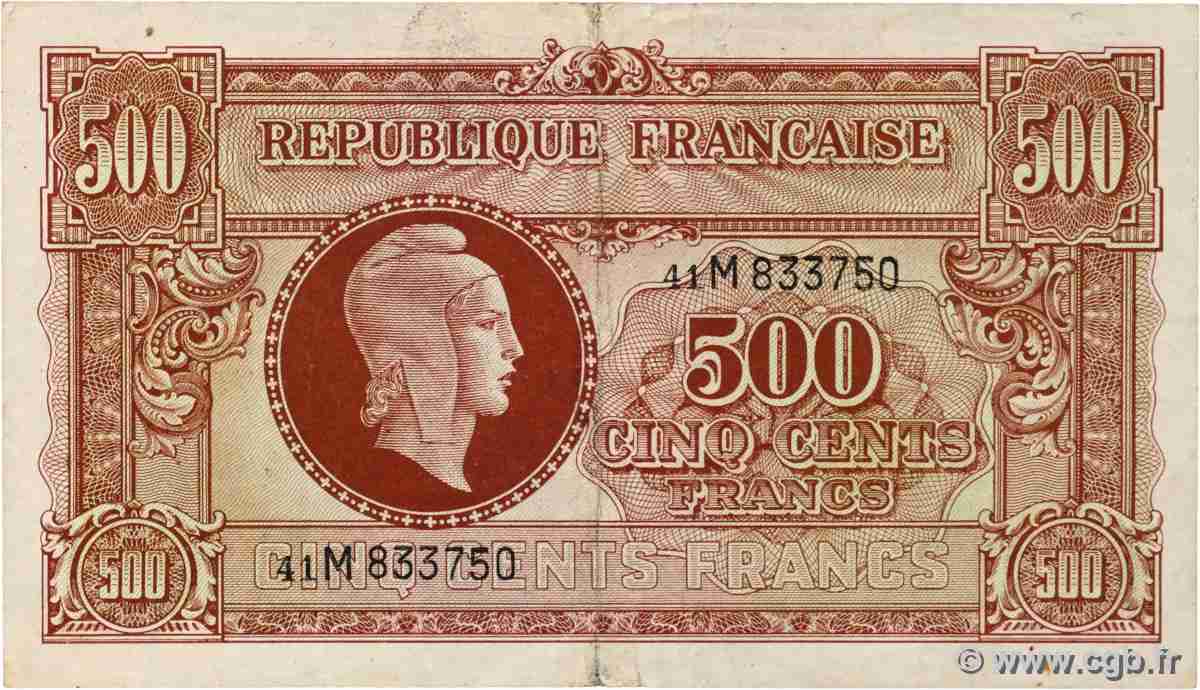 500 Francs MARIANNE fabrication anglaise FRANKREICH 1945 VF.11.02 SS