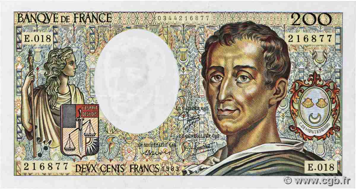 200 Francs MONTESQUIEU FRANKREICH 1983 F.70.03 fVZ