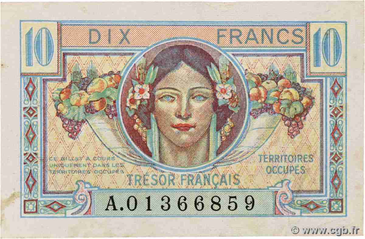 10 Francs TRÉSOR FRANÇAIS FRANKREICH 1944 VF.30.01 SS