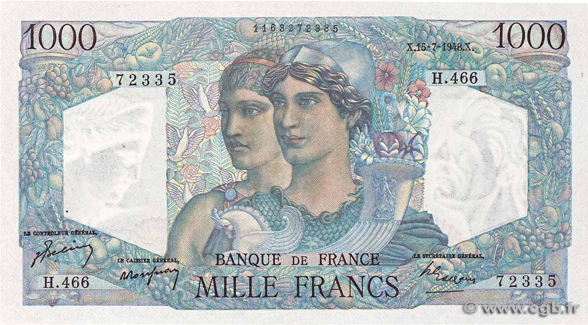1000 Francs MINERVE ET HERCULE FRANCIA 1948 F.41.22 EBC