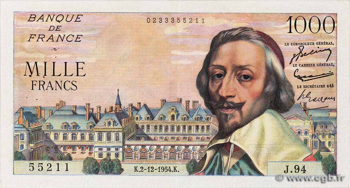 1000 Francs RICHELIEU FRANKREICH 1954 F.42.09 fVZ