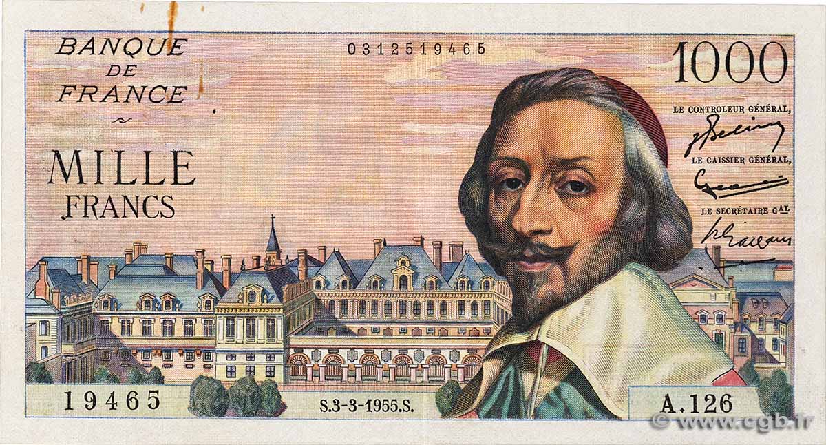 1000 Francs RICHELIEU FRANKREICH 1955 F.42.11 fVZ