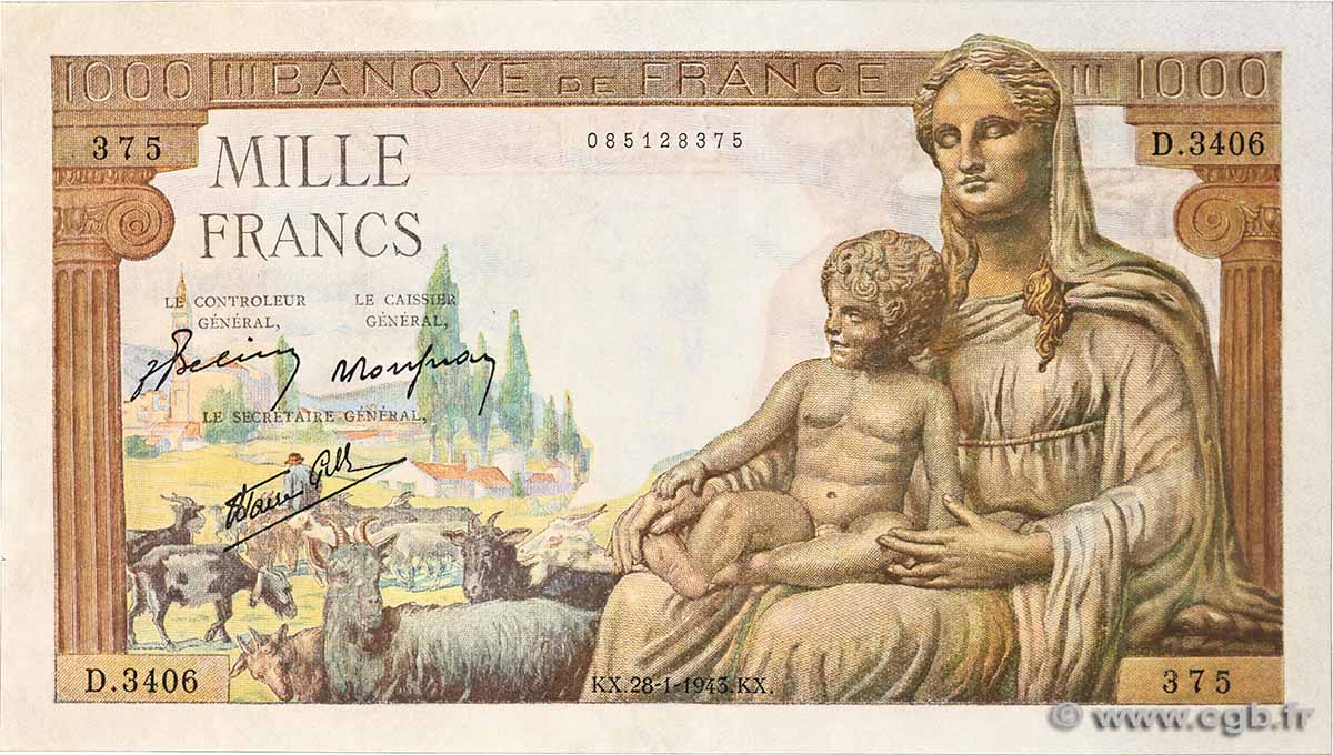 1000 Francs DÉESSE DÉMÉTER FRANKREICH 1943 F.40.17 fST+