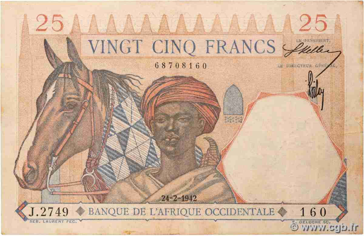 25 Francs FRENCH WEST AFRICA 1942 P.27 F+