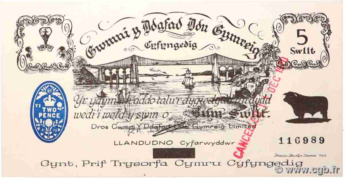5 Swllt WALES 1969 P.-- UNC-
