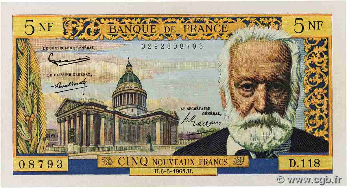 5 Nouveaux Francs VICTOR HUGO FRANCE 1964 F.56.15 AU