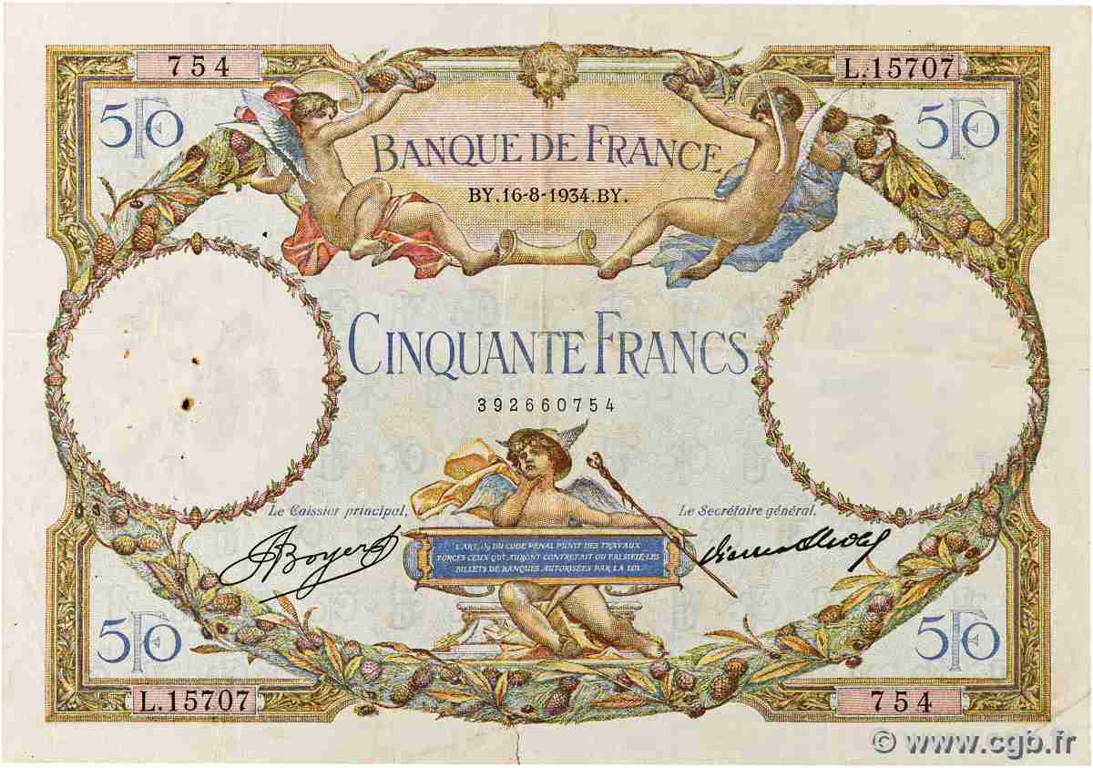 50 Francs LUC OLIVIER MERSON type modifié Grand numéro FRANCE 1934 F.16.05 F