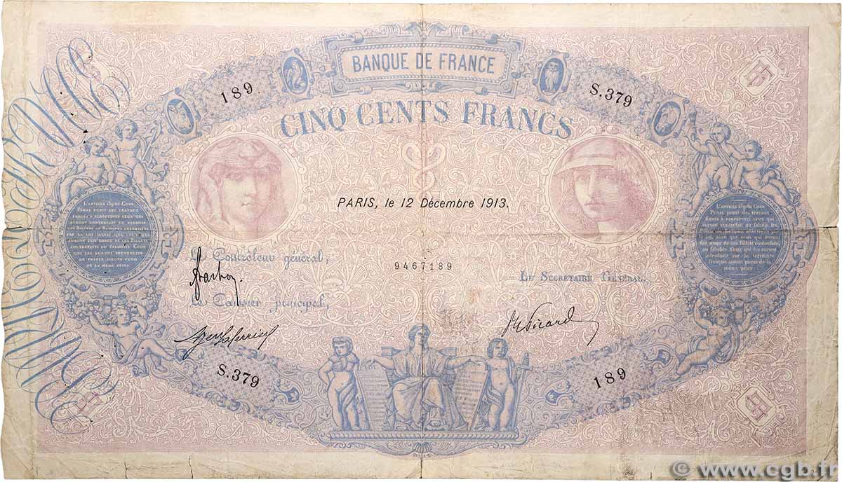 500 Francs BLEU ET ROSE FRANCE 1913 F.30.21 VG