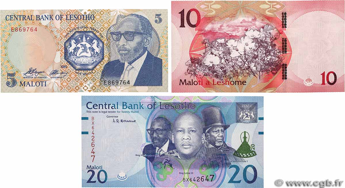 5, 10 et 20 Maloti Lot LESOTHO 1989 P.10a, P.26 et P.27 AU+