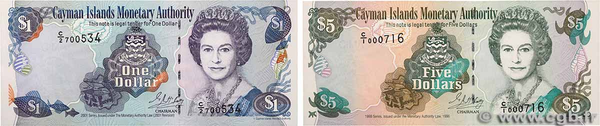 1 et 5 Dollars Lot ISLAS CAIMáN 1998 P.22a et P.26a SC+