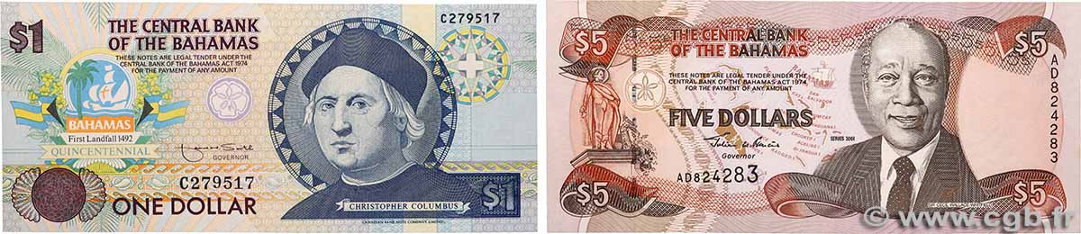 1 et 5 Dollars Lot BAHAMAS 1992 P.50a et P.63b ST