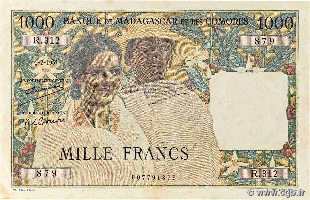 1000 Francs MADAGASCAR 1951 P.048a TTB+
