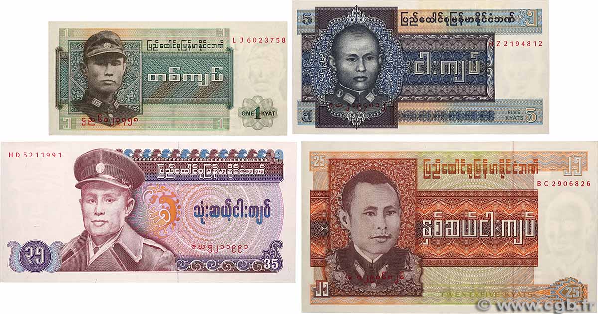 25 Kyats Lot BIRMANIE 1972 P.56 P.57 P.59 et P.63 pr.NEUF
