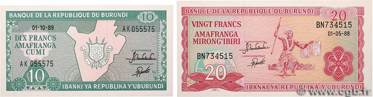 20 Francs Lot BURUNDI 1988 P.27b et P.33b UNC