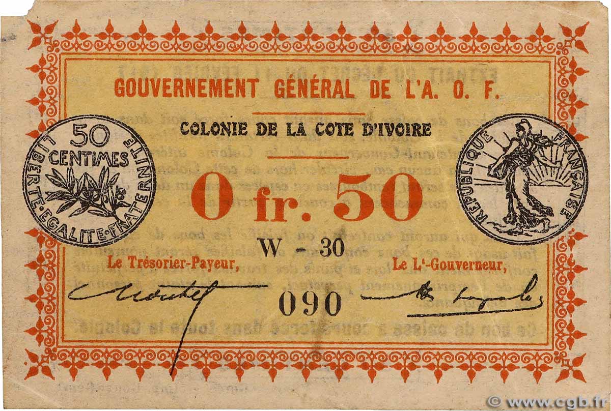 50 Centimes COSTA DE MARFIL 1917 P.01b BC+