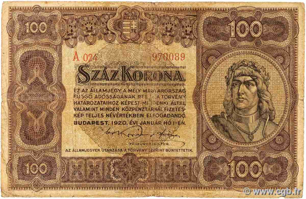 100 Korona HONGRIE 1920 P.063 pr.TB