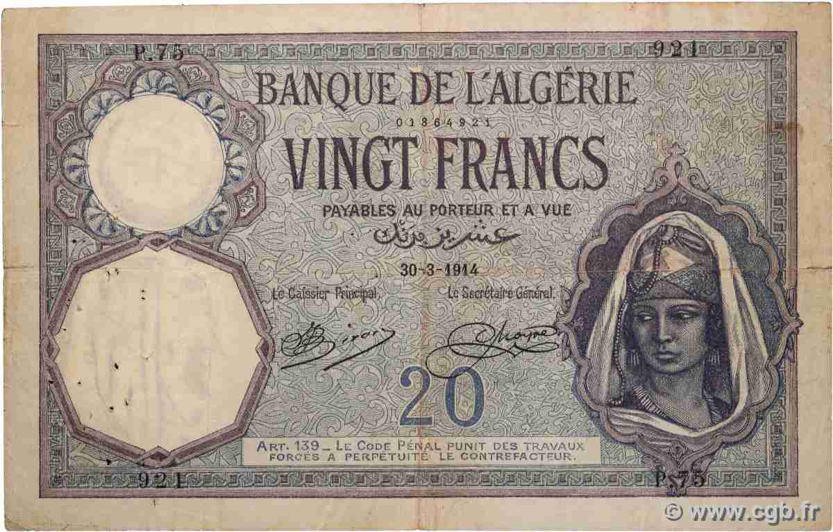 20 Francs ALGERIA 1914 P.078a F
