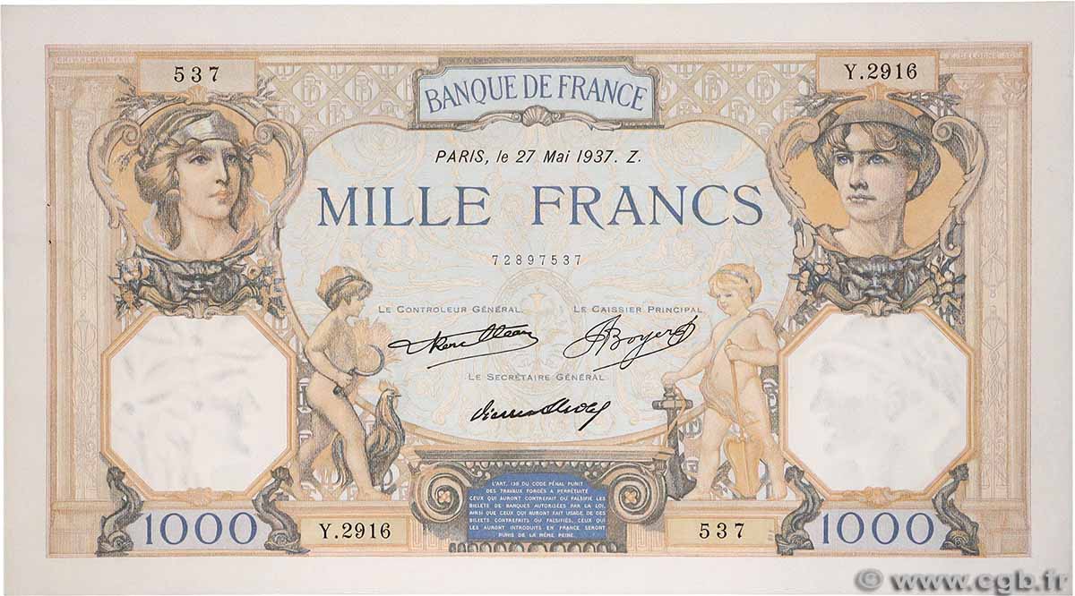 1000 Francs CÉRÈS ET MERCURE FRANCE 1937 F.37.10 SPL