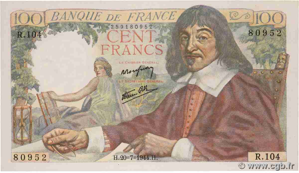 100 Francs DESCARTES FRANCE 1944 F.27.06 NEUF