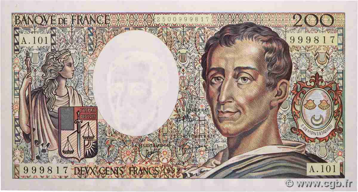 200 Francs MONTESQUIEU alphabet 101 FRANKREICH 1992 F.70bis.01 ST