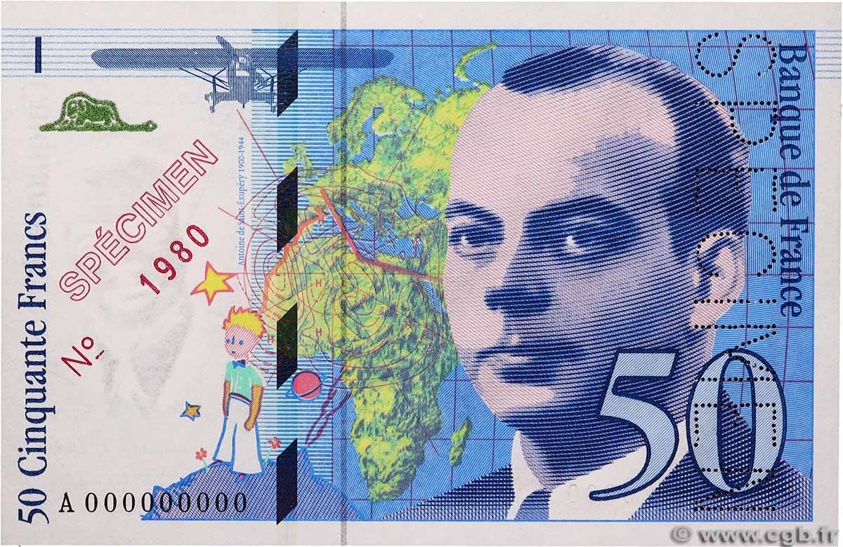 50 Francs SAINT-EXUPÉRY Spécimen FRANCE 1992 F.72.02Spn pr.NEUF