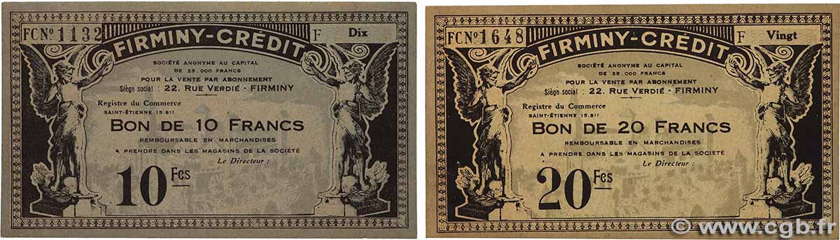 10 et 20 Francs Lot FRANCE régionalisme et divers Firminy 1914 JP.- SUP+